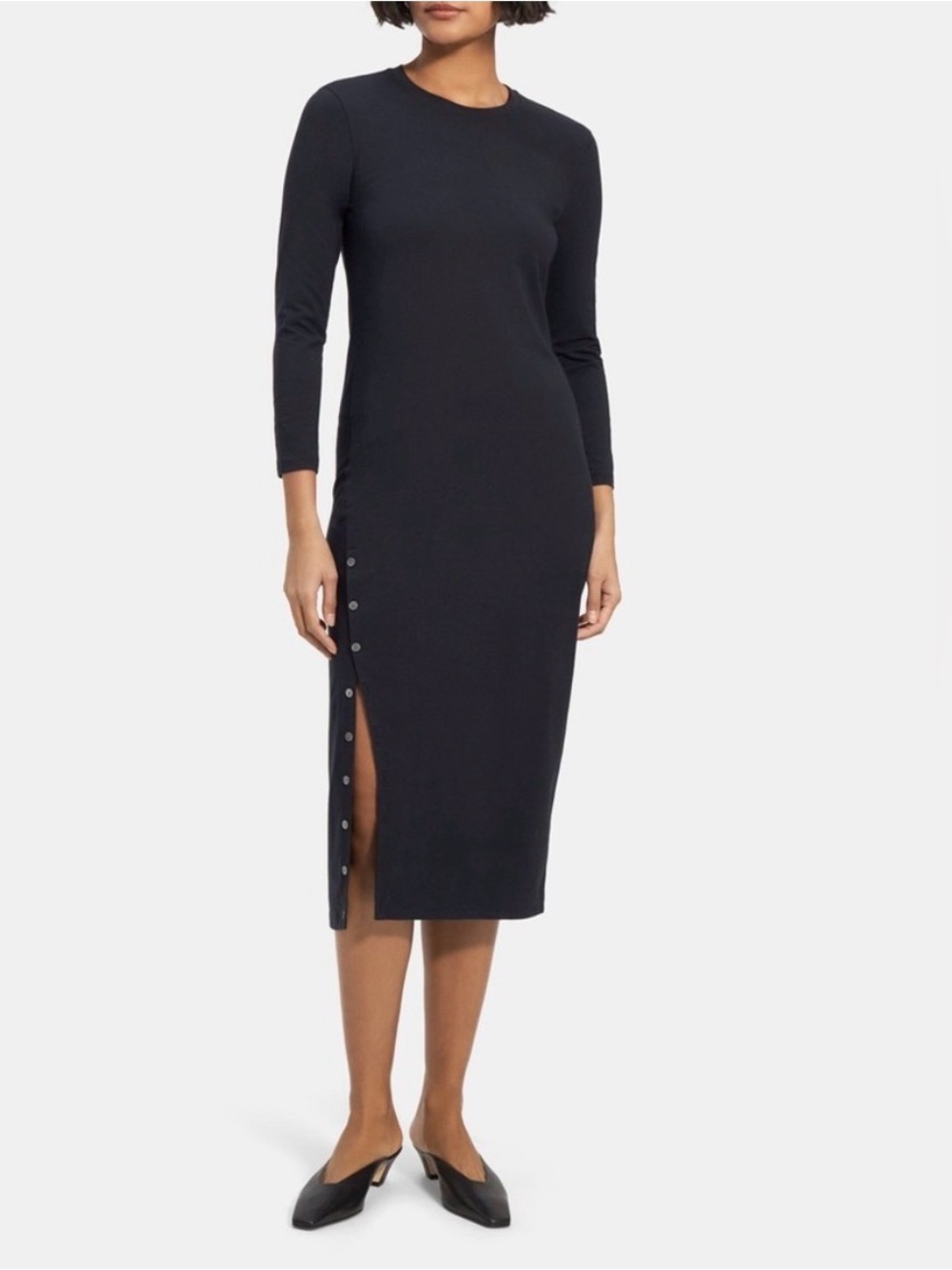 Theory Perry Knit Button-Front Modal Cotton Black Midi Dress Large